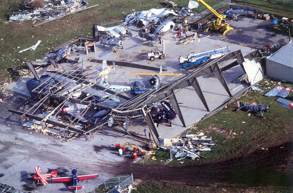 Hurricane Andrew clean-up of Weeks Air Museum two weeks after August 24, 1992
