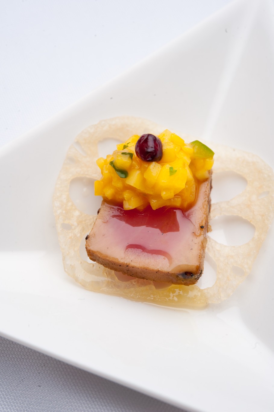 Ahi Tuna and salsa on a lotus root chip