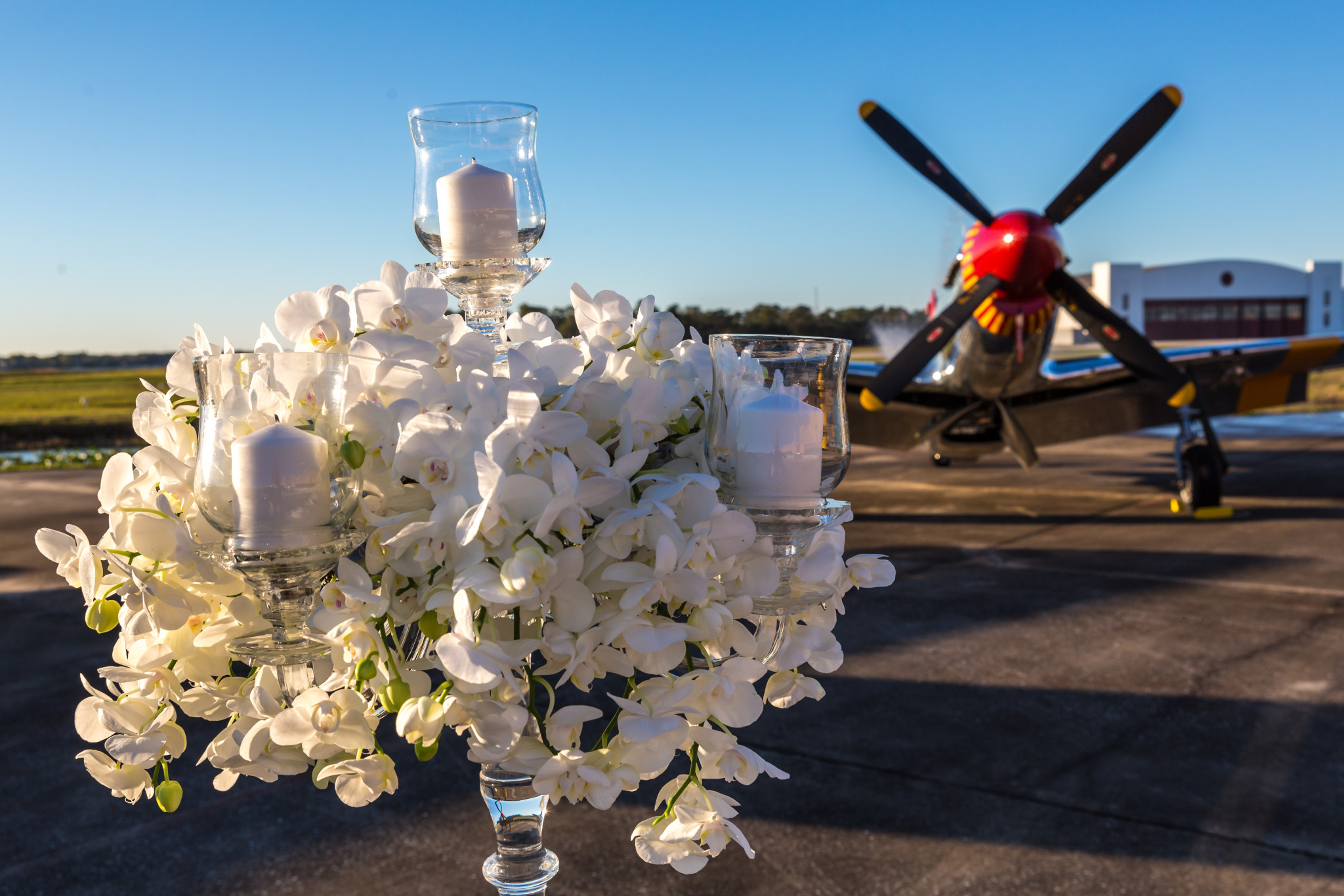 Wedding arrangement and P51 Mustang at Fantasy of Flight